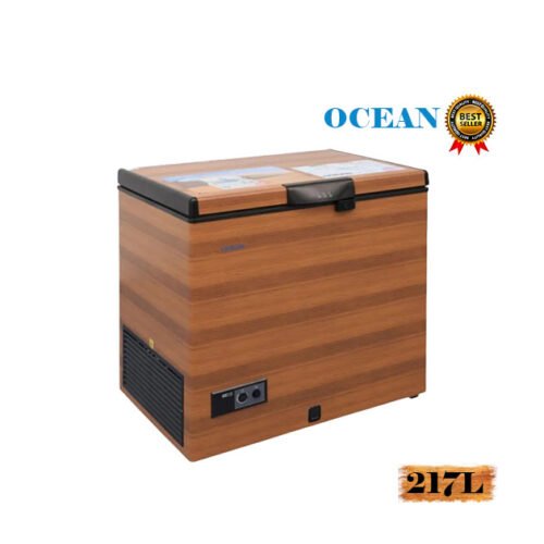 Congélateur coffre OCEAN NOFROST OCNJ40TLLTA+ avec motif bois, 286 litres, classe énergétique A+.