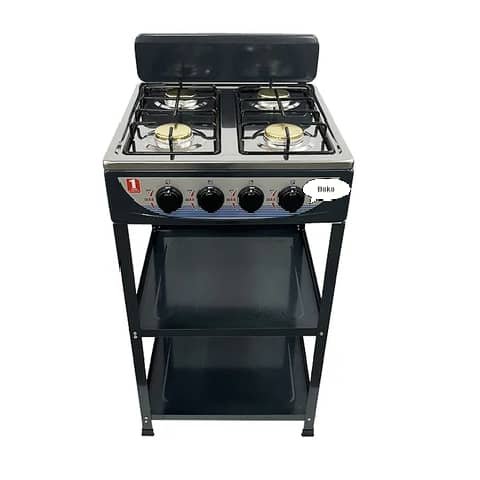 Cuisinière à gaz 4 brûleurs avec support en métal et étagères
