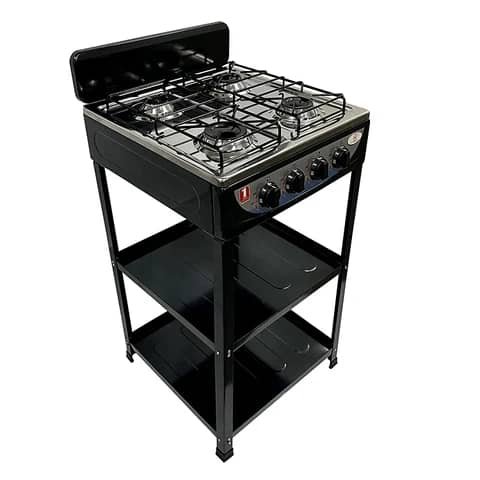 Cuisinière à gaz 4 brûleurs avec support en métal et étagères