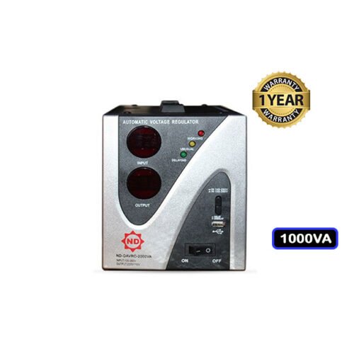 Régulateur de tension numérique N.D.E 9 ND-DAVRC 1000VA, noir, avec affichage numérique, ports USB et garantie de 12 mois.