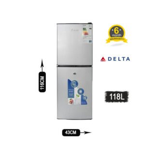 Réfrigérateur Delta 118 litres double porte, couleur argentée, dimensions 116x43 cm, garantie 6 mois
