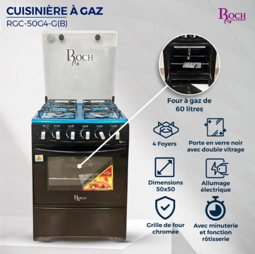 Cuisinière à Gaz ROCH 50x50 – 4 Foyers Automatiques – Noir – RGC-50G4-G(B)